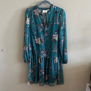 Maeve by Anthropologie, Teal Floral Long Sleeve Dress